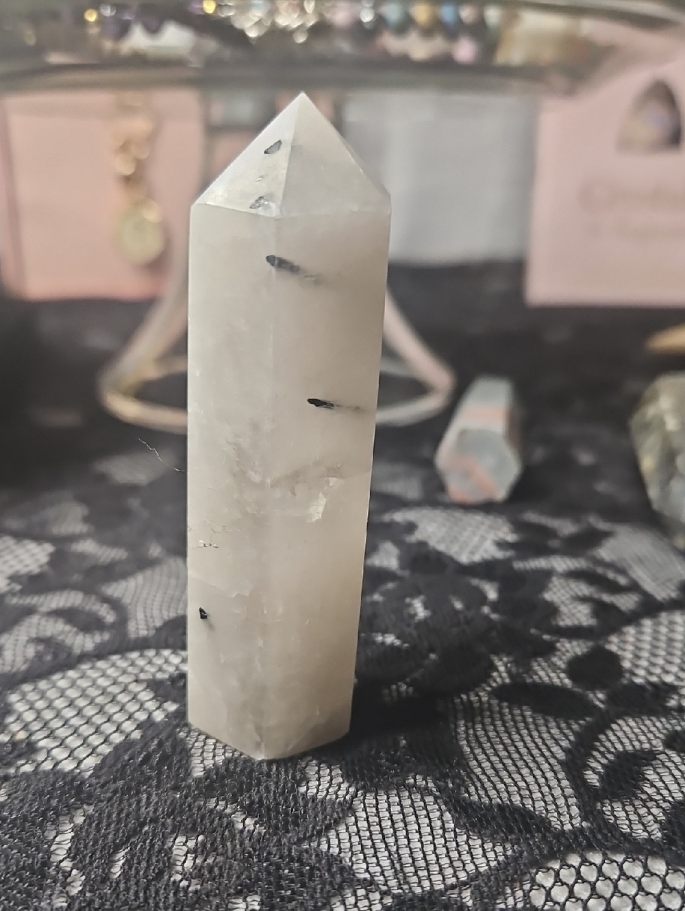 Clear White Tourmalinated Quartz Point 3.3 Oz